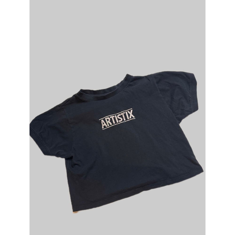 Artistix Womens Black Graphic Logo Short Sleeve Crop Top T Shirt Size S